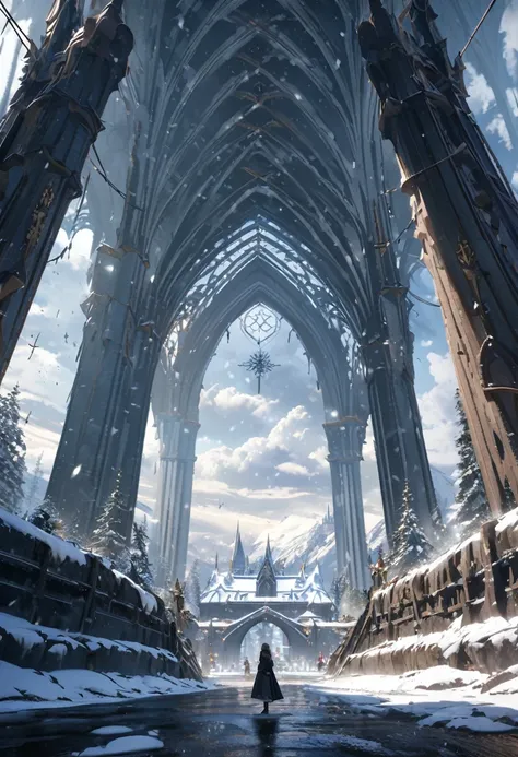  anime aestetic, winter time, icy canion, huge wide tree growing out of the horizontal wall, view from the rope bridge, gothic church on the top of the canion, snow falling, fantasy landscape, skies covered with grey clouds, perspective, atmospheric perspe...