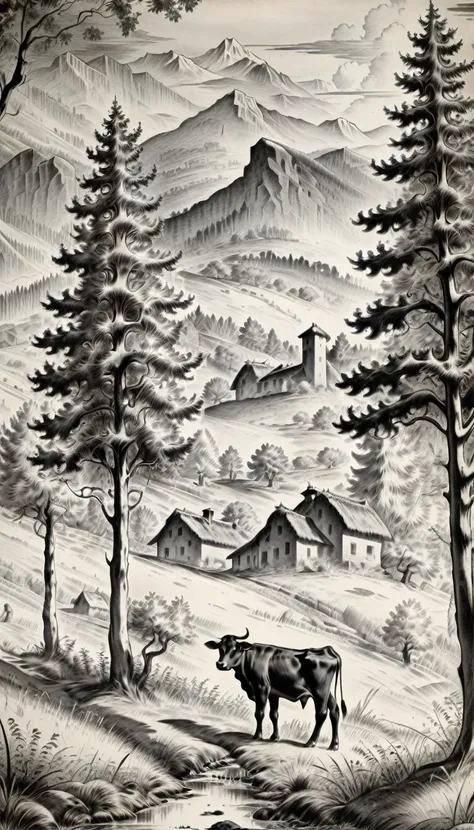 shepherd with a cow, forest and mountains in the background, black ink