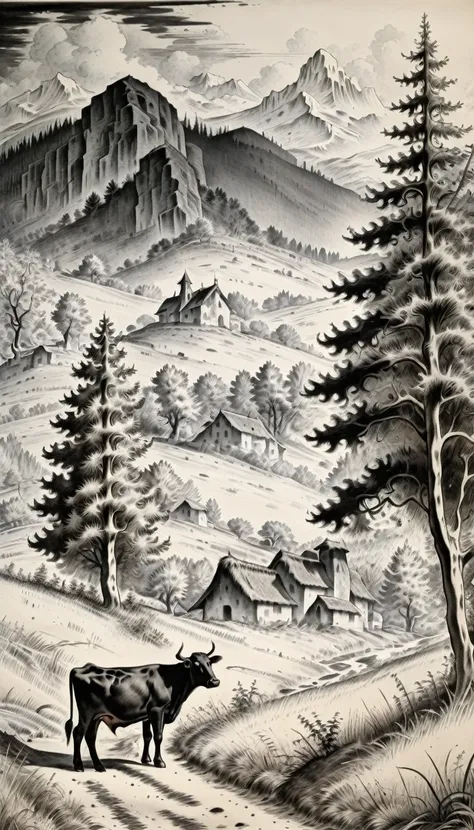 shepherd with a cow, forest and mountains in the background, black ink