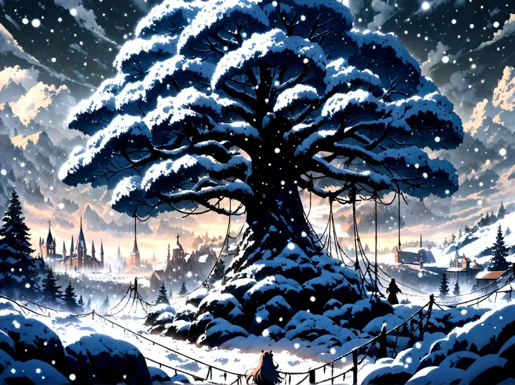 anime aestetic, winter time, icy canion, huge wide tree growing out of the horizontal wall, view from the rope bridge, gothic church on the top of the canion, snow falling, fantasy landscape, skies covered with grey clouds