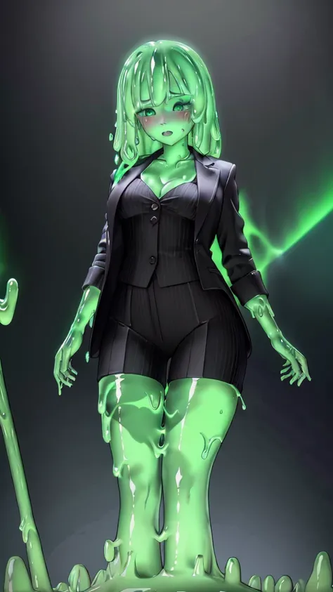 a beautifully detailed slime girl with luminous green eyes, blushing cheeks, shocked expression, standing gracefully in a masterpiece-level illustration, ultra-detailed and high-resolution, 1boy, black business suit, office background, 8k, hyper-realistic,...