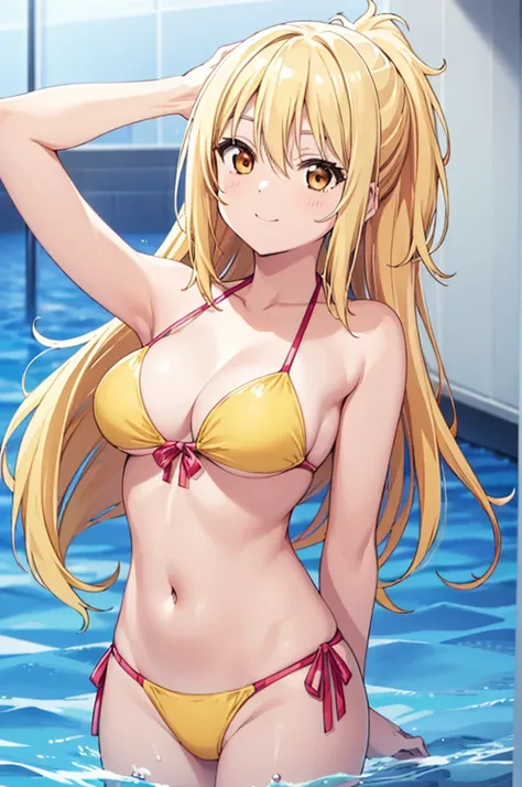 (((pixel-perfect, detail-perfect))), solo, 1girl, miyashita ai, normal face, eyes yellow, hair blonde, pool, bikini, armpit, large extreme filesize, ultra High Qality