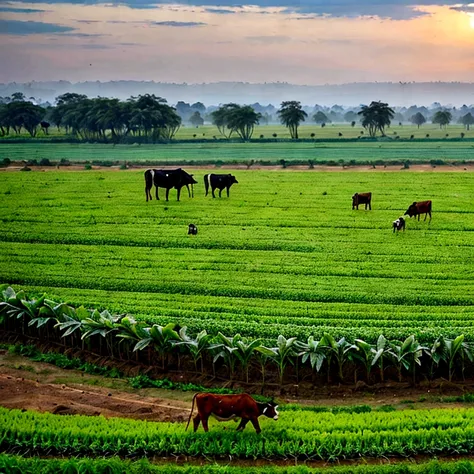 Growing and producing green fresh crops in the fields of indigenous cows of India in the indigenous way realistic image 