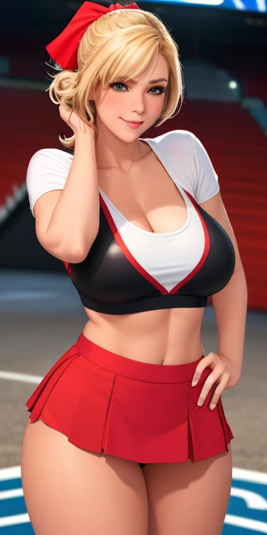 8k,Best Quality, ultra detailed, photorealistic: 1.39, bright and vibrant colors, studio lighting, romantic expression, short blonde hair,  busty, neckline, wearing cheerleader uniform, red and black pencil miniskirt, red top, Red color, with red and white...