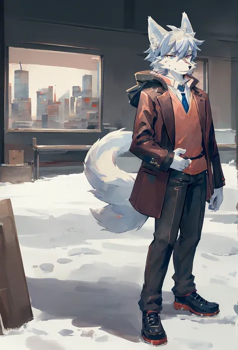 anime - style picture of a man in a coat and a wolf mask, fursona wearing stylish clothes, fox mccloud, (sfw) safe for work, commission for high res, an anthropomorphic cyberpunk fox, foxish guy in a lab coat, handsome weasel fursona portrait, wolf odonnel...