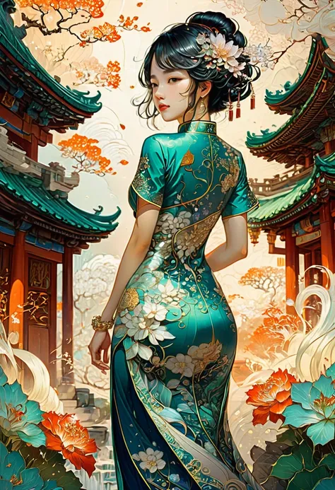 Cheongsam, fullbody, by Victo Ngai, RAW photo, 35mm photograph, bokeh, best quality, masterpiece, very aesthetic, perfect composition, intricate details, ultra-detailed