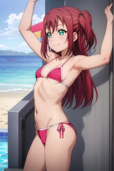 (((pixel-perfect, detail-perfect))), solo, 1girl, ruby kurosawa, smile, pool, bikini, armpit, flat filesize, ultra High Qality