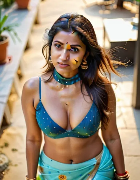 ultrarealistic full body photo of a 30-year-old indian woman, 36dd, cleavage, sexy hip , high neck clothes, Squinted eyes in scrutiny, Aerial view camera angle, perfect eyes, looking at camera, film grain, day time at path, beautiful bokeh 