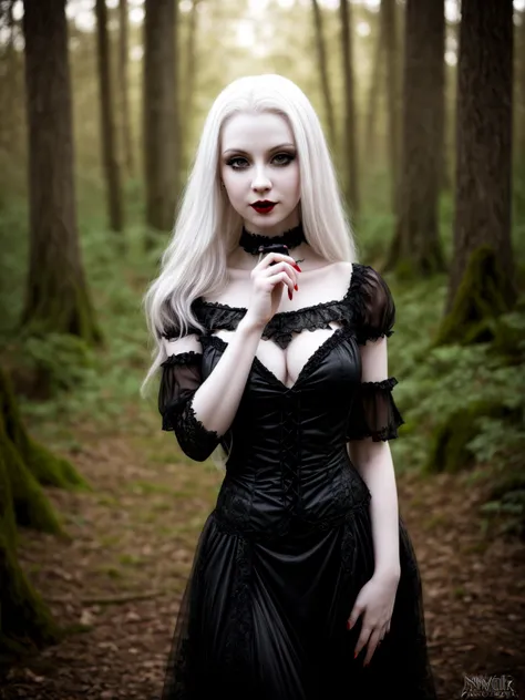 female sexy vampire|albino, pale porcelain skin, sexy vintage black dress, smile, shallow depth of field, grin|creepy, nightfall, detailed face, night, wide hips, narrow waist, portrait of woman standing, detailed eyes, portrait of woman standing, 8k RAW p...