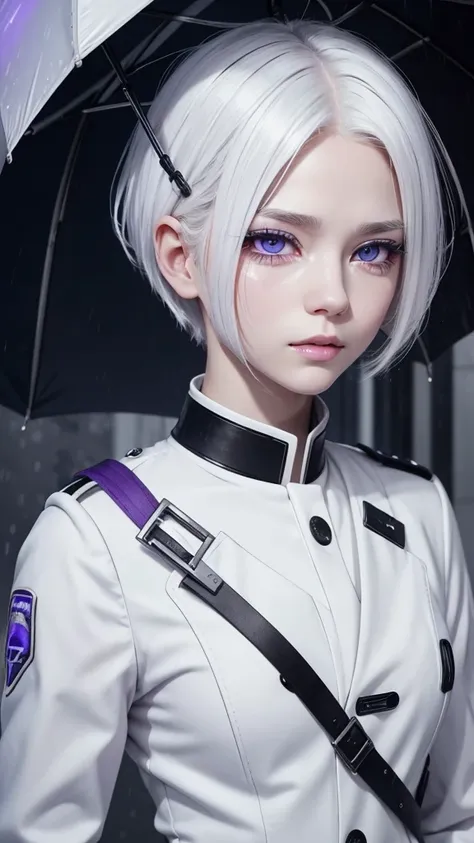 Beautiful girl, innocent, perfect face, white hair, white eyebrow, white eyelash, albino, short hair, detailed violet eyes, futuristic military uniform, crying on the rain