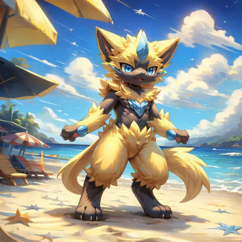 Zeraora (pokemon),solo,male only,blue eyes, detailed eyes,focus eyes,cat ears,detailed ears, yellow fur,fluffy fur, detailed fur, detailed body,focus body,focus face,what a cute boy,young, furry,furry art,full body,beach background, detailed background 