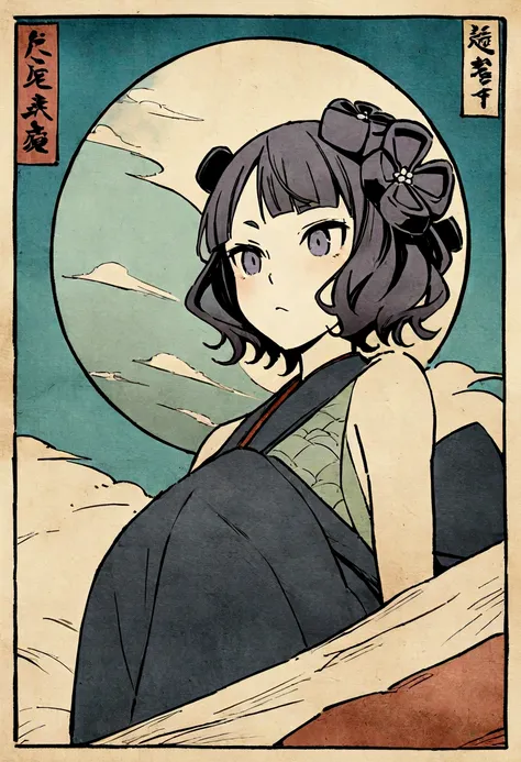  Akafuji、Blue sky、Katsushika Hokusai、high quality、high resolution、Ukiyo-e style、Girl climbing、Rough paper texture、Dull colors,see-through,bzillust,