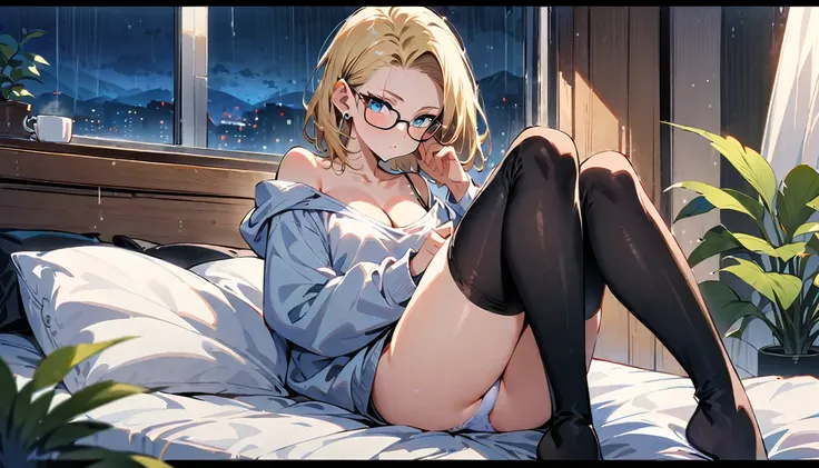 (masterpiece, best quality:1.2), solo, Android 18 from Dragon Ball, ((light gray hooded sweatshirt, Oversized hooded sweatshirt, long sleeve, black thighhighs, white panties)), thighs, midriff, small breasts, blonde hair, (single hair bun), ((blue eyes)), ...