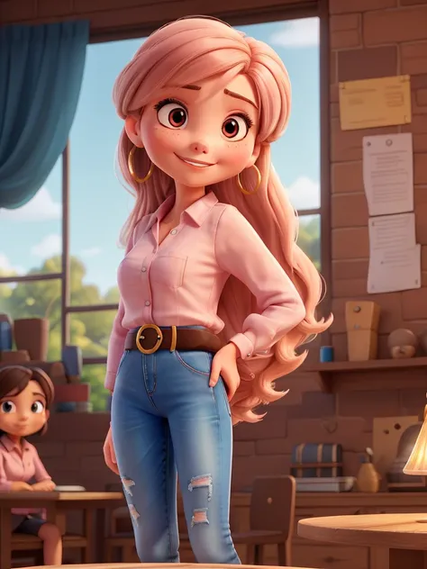 Imagine an animated female character named Aurora Arruda. She is a successful Brazilian businesswoman, around 28 years old, peach skin and slightly pink cheeks. Aurora has big eyes, light brown, expressive and flanked by long stretches. . She has a small, ...