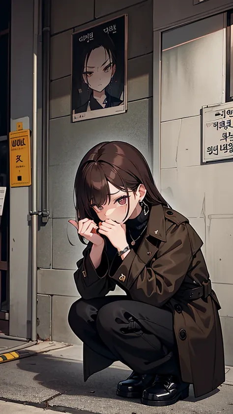 Korean adult woman, medium-length brown hair, grunge, ominous, dark aesthetic, black turtleneck, tan trench coat, necklaces, hoop earrings, 30-year-old, neutral expression, calm, expressionless, black formal trousers, black combat boots, squatting down, lo...