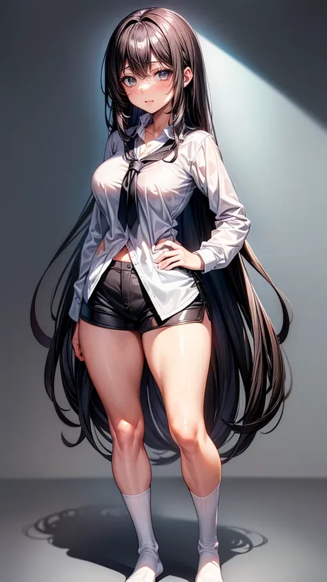 1girl, long black hair, dark brown eyes, white shirt, small shorts, long white socks, big breast, big thigh,blush,smile,anime, masterpiece, high quality, 8K,looking at rhe viewer