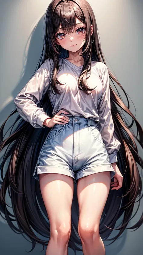 1girl, long black hair, dark brown eyes, white shirt, small shorts, long white socks, big breast, big thigh,blush,smile,anime, masterpiece, high quality, 8K,looking at rhe viewer