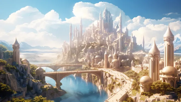 there is a castle on a hill with a bridge over it, fantasy capital city, fantasy city background, fantasy cityscape, fantasy matte painting，cute, fantasy city, big and structured valhalla city, matte painting in fantasy style, beautiful render of a fairyta...