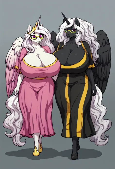  Alicorn princess   , white mane, ,black fur   color  long flowing  mane pink  eyes anthro huge breasts  clothing,yellow glasses  , walking home
Parent:mother and daughter anthro 