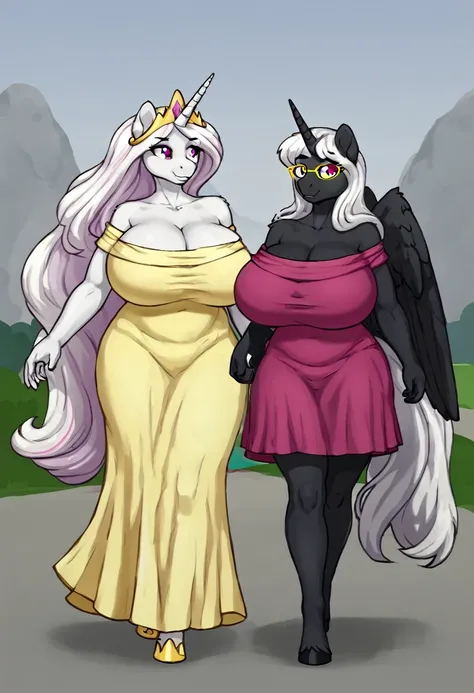  Alicorn princess   , white mane, ,black fur   color  long flowing  mane pink  eyes anthro huge breasts  clothing,yellow glasses  , walking home
Parent:mother and daughter anthro 