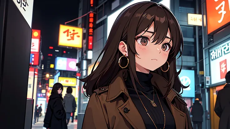 Korean adult woman, medium-length brown hair, grunge, ominous, dark aesthetic, black turtleneck, tan trench coat, necklaces, hoop earrings, 30-year-old, neutral expression, calm, expressionless, modern tokyo background, night time, looking away