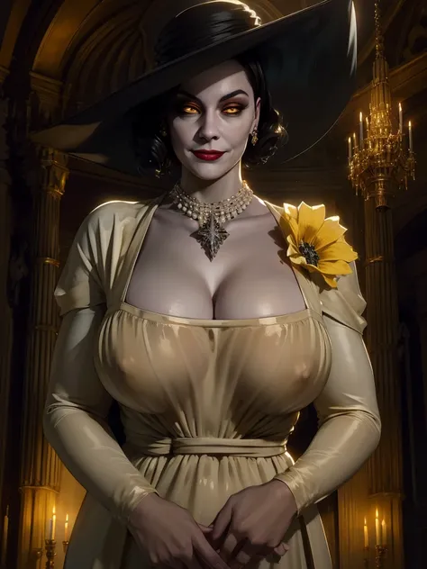 Alcina,yellow eyes,black hair,short hair,
white dress with  black flower brooch,large black hat,single earring,big massive breasts,cleavage,necklace,
upper body,
looking at viewer,smile,
castle,indoors,night,
(insanely detailed, beautiful detailed face, be...