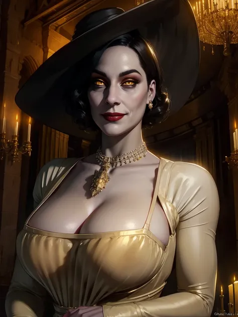 Alcina,yellow eyes,black hair,short hair,
white dress with  black flower brooch,large black hat,single earring,big massive breasts,cleavage,necklace,
upper body,
looking at viewer,smile,
castle,indoors,night,
(insanely detailed, beautiful detailed face, be...