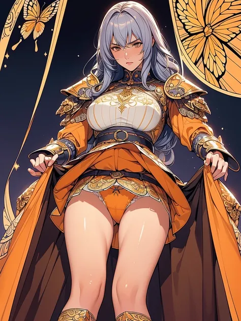 {best quality}, {very aesthetic}, {ultra-detailed}, {best illustration}, masterpiece,(((skirt lift:1.5))),((show off orange color butterfly panties)),garter belt:1.5,((Holy Knight)), Smooth breastplate, ((Armor made of yellow))、((((Extremely detailed and i...