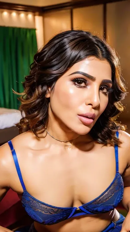 Full body, 32 year old samantha ruth prabhu, giving blowjob to a african guy, ((free uncombed hair)),((selfie view)), closeup body, ((tall body)),(( looking at viewer)),((big cheeks)),30 year old woman,1woman,solo,medium breasts,(fleshy face),medium hair,c...