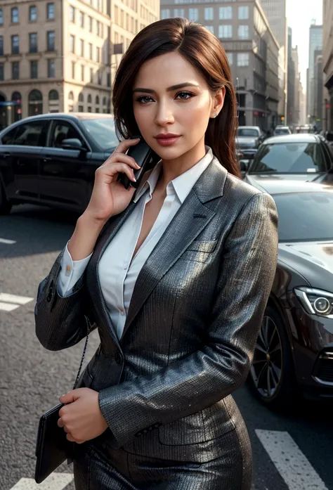 A beautiful professional business woman talking on a mobile phone, detailed facial features, elegant formal business attire, city street background with cars and buildings, (best quality,4k,8k,highres,masterpiece:1.2),ultra-detailed,(realistic,photorealist...