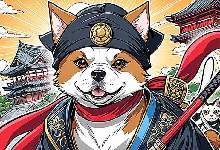 arte em tinta fina, comic style, portrait of japan, Samurai dog terrier and cat ninja, Glamour de Osaka, bela arte de linha, comic style, manga style, manga art style, pencil and ink caricature drawing, coloring, , other positions, corpo inteiro. Japan Bac...