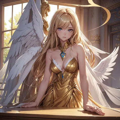 ((On the table, best quality)), Delicate face, Character Design Sheet，whole body, Perfect proportion，Rich in details, Multiple poses and expressions, Very detailed, Martial Arts Girl，Tempting，Gradient hair color，Golden，Delicate eyes, see through，Angel Wing...