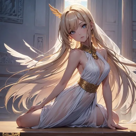 ((On the table, best quality)), Delicate face, Character Design Sheet，whole body, Perfect proportion，Rich in details, Multiple poses and expressions, Very detailed, Martial Arts Girl，Tempting，Gradient hair color，Golden，Delicate eyes, see through，Angel Wing...