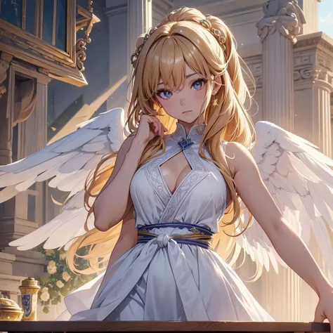 ((On the table, best quality)), Delicate face, Character Design Sheet，whole body, Perfect proportion，Rich in details, Multiple poses and expressions, Very detailed, Martial Arts Girl，Gradient hair color，Golden，Delicate eyes, see through，Angel Wings，cloud，H...