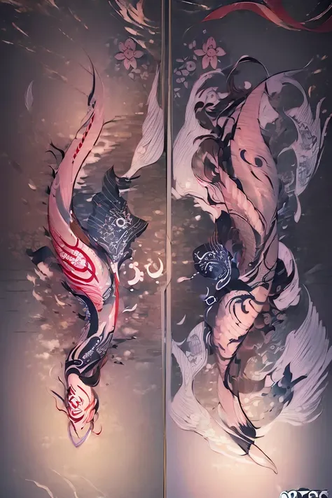 (((tattoo design:1.5))), Tattoo design, Japanese Traditional tattoo design, 2 Japanese koi fish swimming upstream with water splash effect, (Unity 16K Wallpaper, masterpiece, Best Quality, high quality, Ultra-detailed, extremely details CG, Caustics, Cinem...