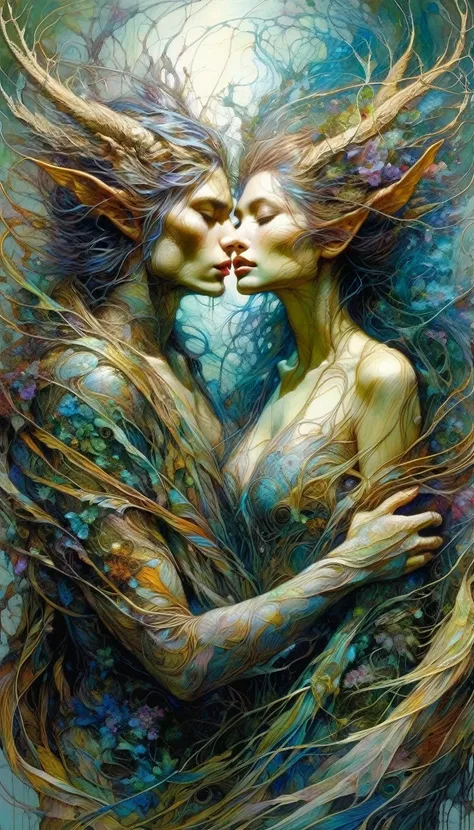 the lovers, artwork inspired by Brian Froud and Carne Griffiths and Wadim Kashin, intricate details, oil
