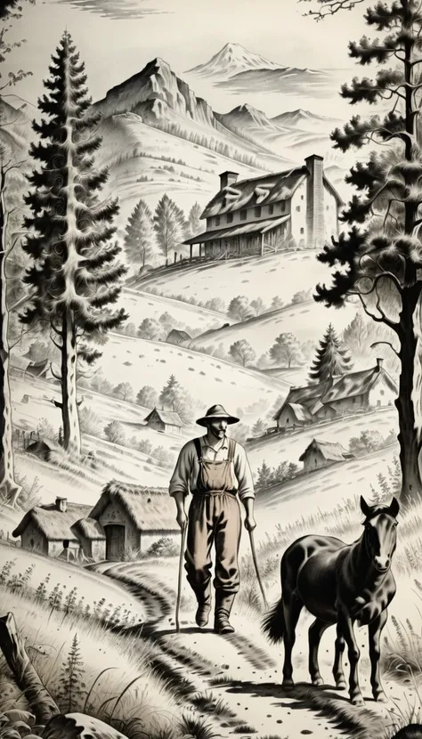 farmer with a horse, a sheep, a dog, forest and mountains in the background, black ink