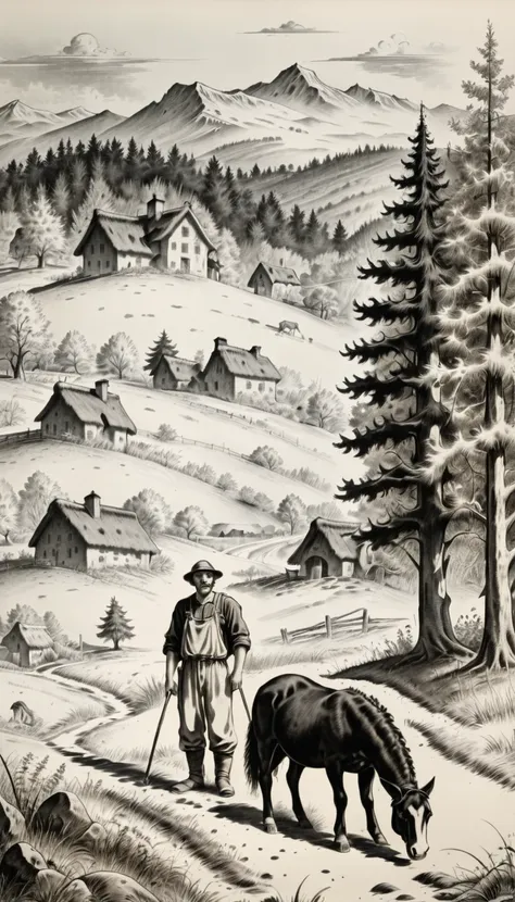 farmer with a horse, a sheep, a dog, forest and mountains in the background, black ink