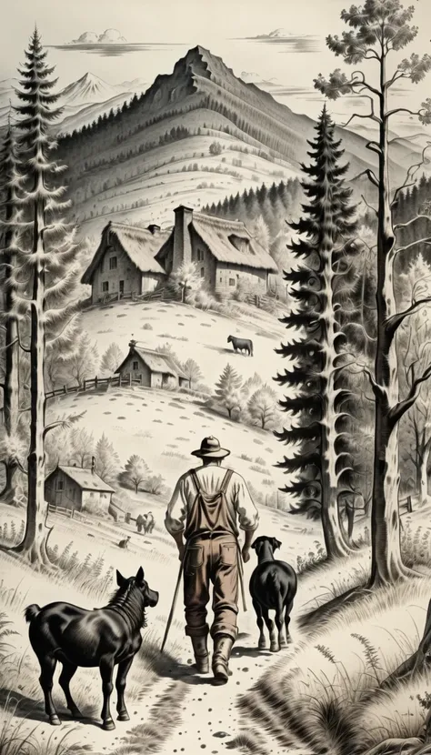 farmer with a horse, a sheep, a dog, forest and mountains in the background, black ink