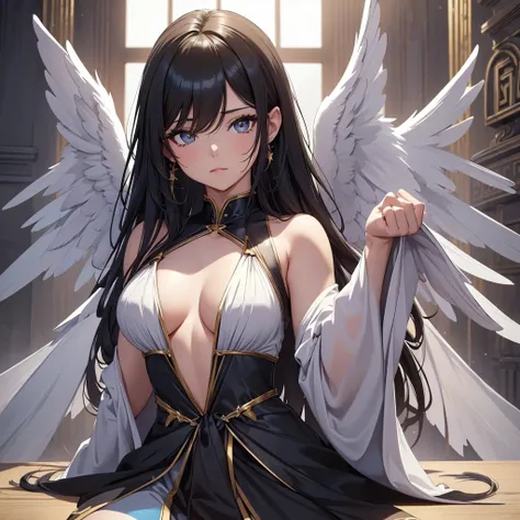 ((On the table, best quality)), Delicate face, Character Design Sheet，whole body, Perfect proportion，Rich in details, Multiple poses and expressions, Very detailed, Martial Arts Girl，Black Wings，Gradient hair color，Golden，Delicate eyes, see through，Angel W...