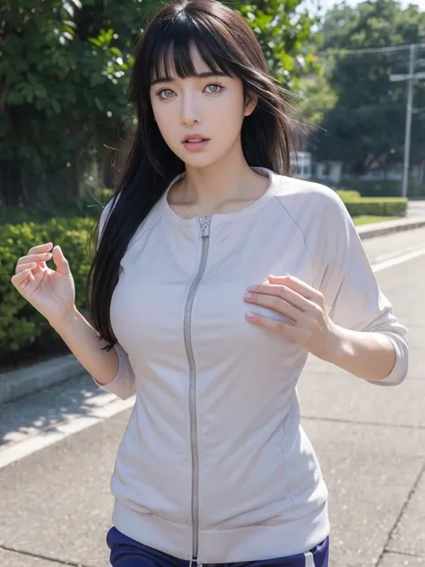 Masterpiece, textured skin, super detail, high detail, high quality, best quality, 1080p, 16k,  big breast, ((jogging))  adult. Hinata hyuga . outfit jogging. Hinata jogging