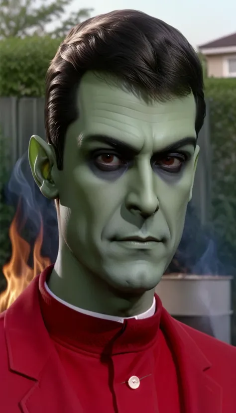 A 40-year-old man on the barbecue in your backyard wearing a red blouse, alien green skin color, full dark sclera eyes, thin chin, (((white hair))) with a high quiff and back with gel and short sides, thin nose