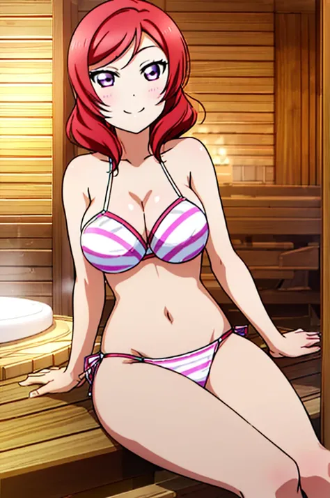 (((pixel-perfect, detail-perfect))), solo, 1girl, maki nishikino, smile, sauna, bikini, armpit, large extreme filesize, ultra High Qality