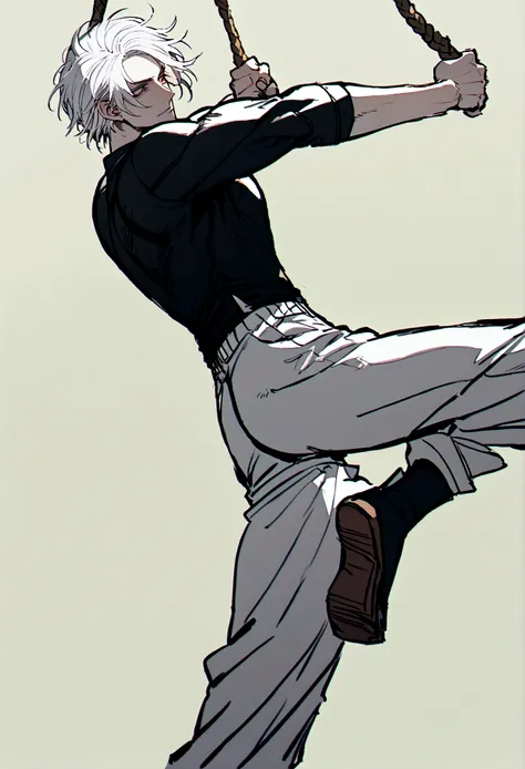 male boy white hair, black t-shirt, kung fu pants, dynamic pose, carrying a rock hanging from his back