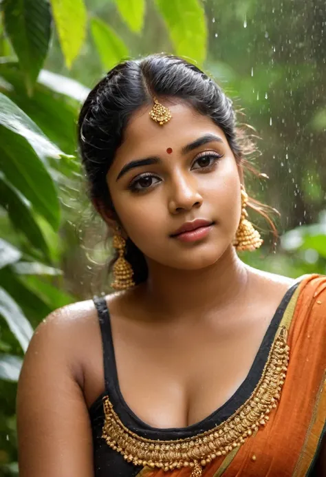 Photo of a kerala village woman (like Amazon woman), 20 years old,hottest, traditional, rain bathing n forest, chubby voluptuous plus size, thick thigh, wet amazon,busty saggy breast : 2.5, clear face,full body, glamourous, daylight, r4w photo, masterpiece...