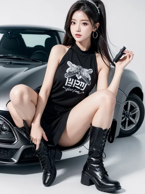 Beautiful woman wearing a black grey mini dress with decorations on the shirt and visible shoulders and wearing boots and being photographed with a white background Dan was on top of the car holding a gun, Korean style swag, beautiful face so gorgeous, Bea...