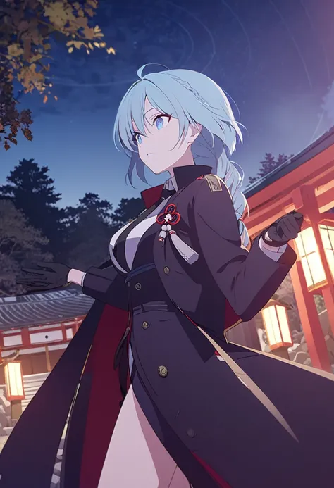 One Girl,azure hair,Hairstyle: braided ponytail, pale blue eyes,Medium chest,Dynamic Angle),Japanese shrine with night background,Black coat、Black suit、Black tie、Black gloves