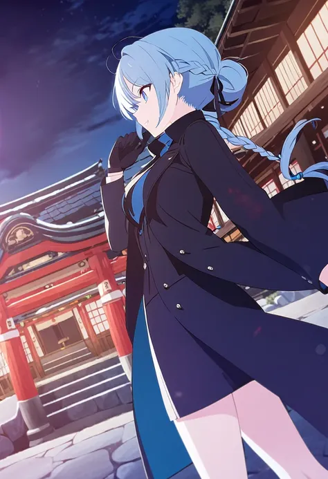 One Girl,azure hair,Hairstyle: braided ponytail, pale blue eyes,Medium chest,Dynamic Angle),Japanese shrine with night background,Black coat、Black suit、Black tie、Black gloves