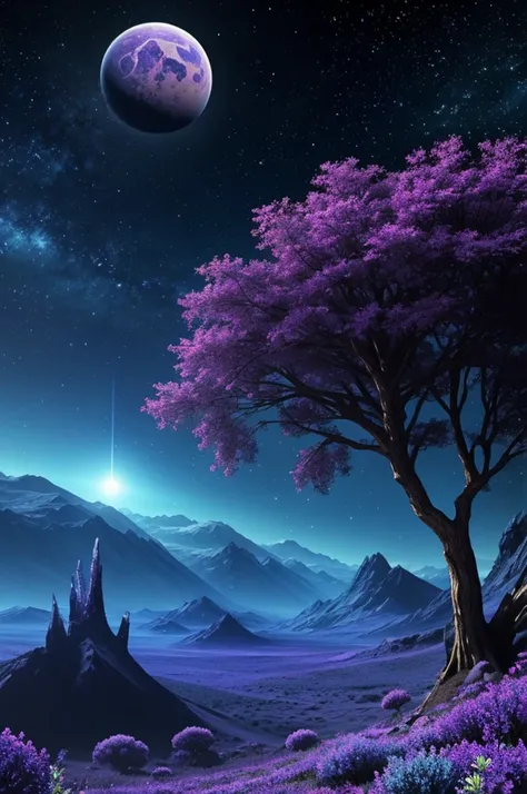 Generate a fantasy-style picture of another planet.
Unusual animals, strange plants. All this in blue-violet-blue color. 