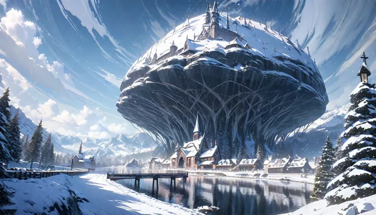  anime aestetic, winter time, icy canion, huge wide tree growing out of the horizontal wall, view from the rope bridge, gothic church on the top of the canion, snow falling, fantasy landscape, skies covered with grey clouds, perspective, atmospheric perspe...